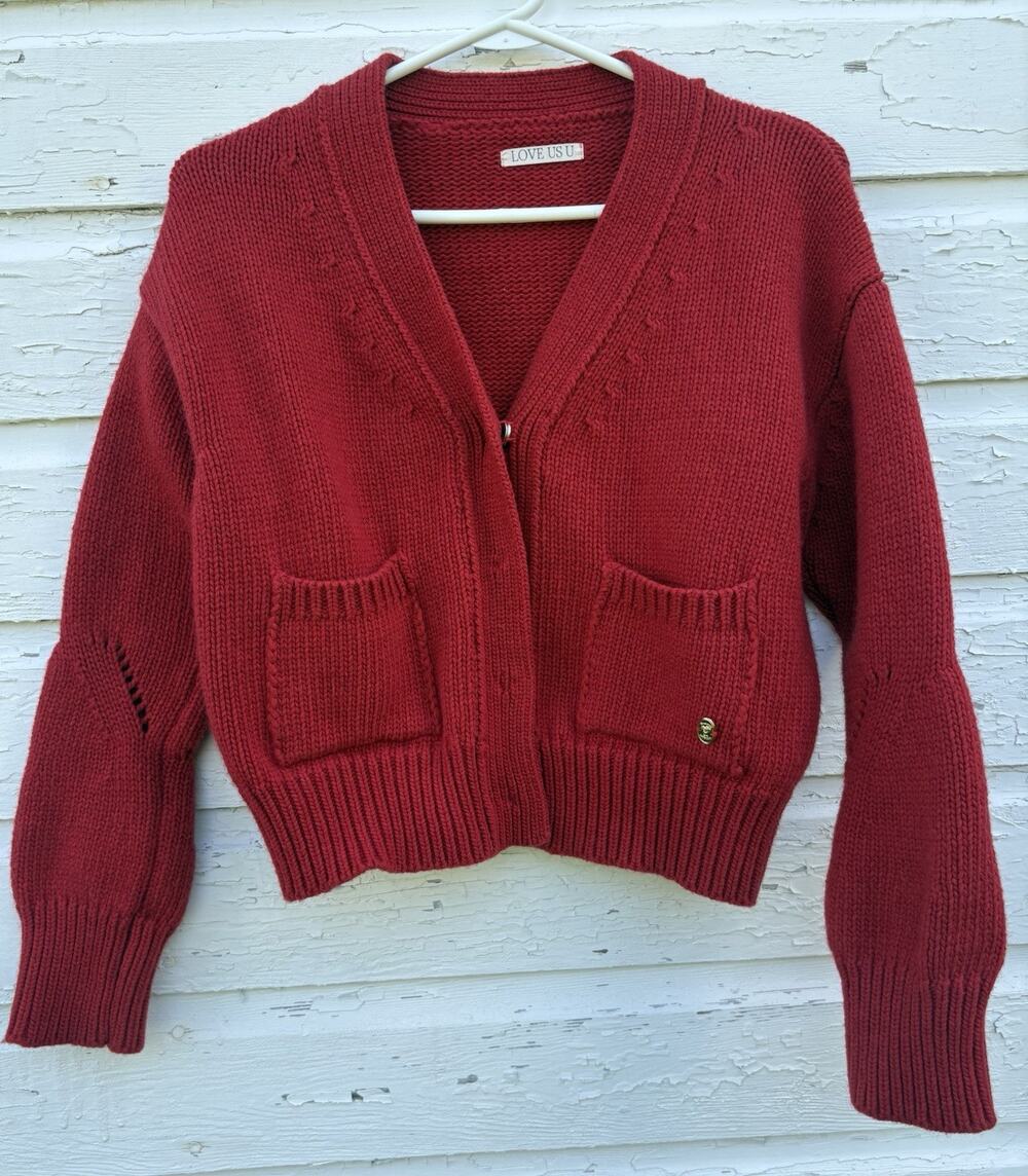 Red Wool Cardigan Sweater V-neck Crop Snap Front Chunky Knit Wool Blend S Preppy